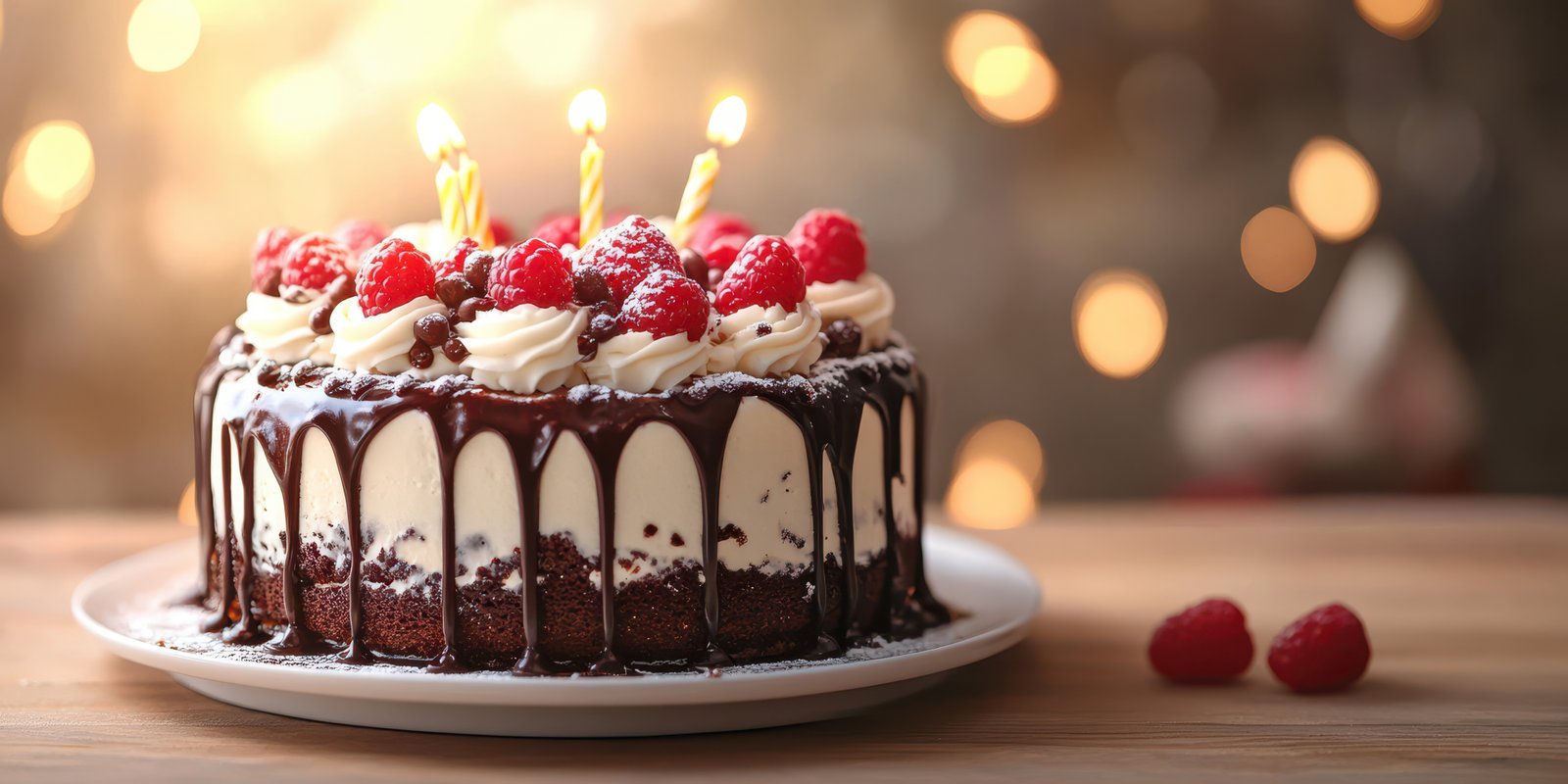 Celebrating a birthday with a chocolate cake adorned with raspberries and candles in a warm setting